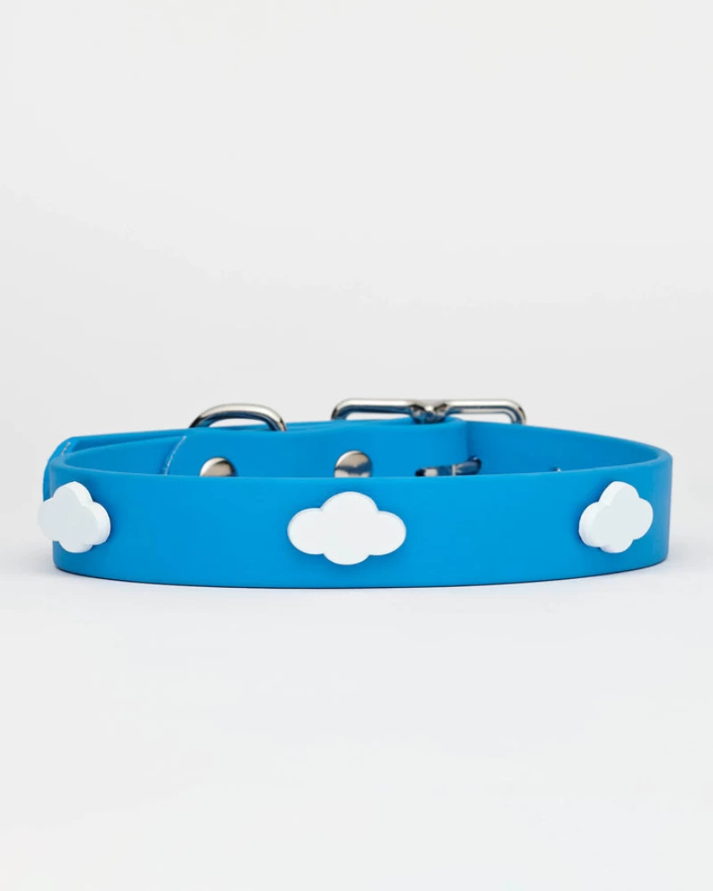 HOT DOGS ALL DRESSED Sky Blue Vegan Leather Dog Collar With Clouds (Made In Canada)