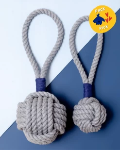 MYSTIC KNOTWORK Monkey Fist Rope Dog Toy In Gray With Navy Whipping (Made In The USA)