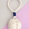 MYSTIC KNOTWORK Monkey Fist Rope Dog Toy In White With Navy Whipping (Made In The USA)