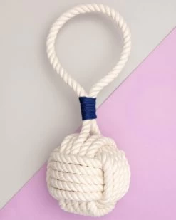 MYSTIC KNOTWORK Monkey Fist Rope Dog Toy In White With Navy Whipping (Made In The USA)