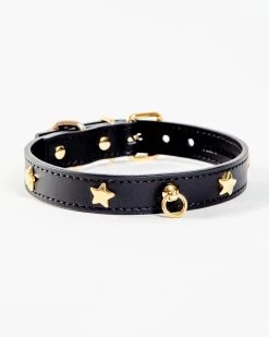 BRANNI Black Nara Leather Dog Collar With Brass Stars (Made In Italy)
