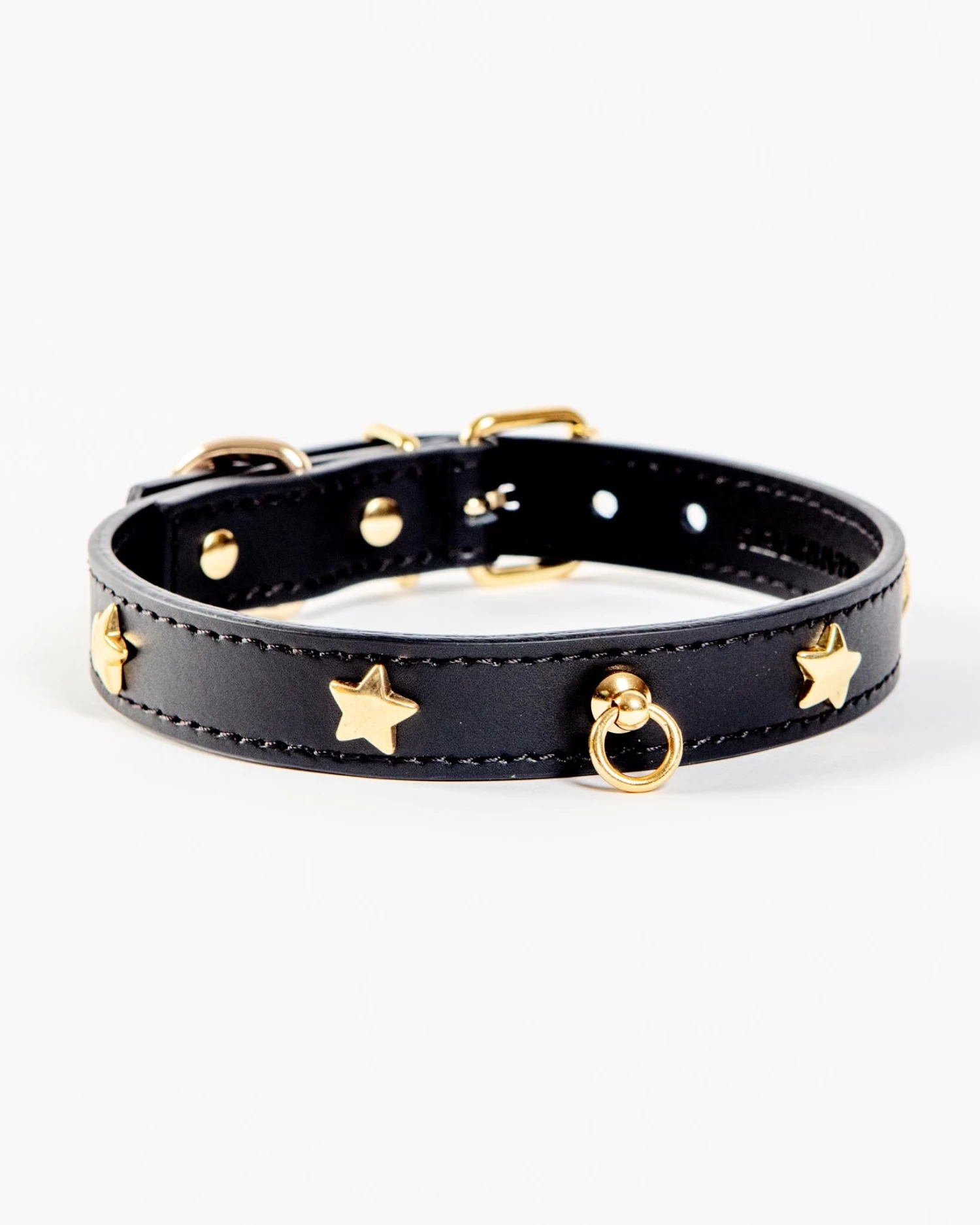 BRANNI Black Nara Leather Dog Collar With Brass Stars (Made In Italy)